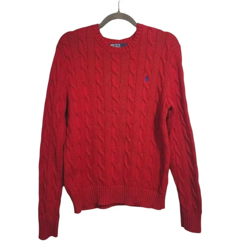 POLO RALPH LAUREN Cable Knit Sweater Red Cotton Pony Logo Preppy‎ 90s S